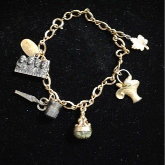Vintage JC&Co Gold-filled Sterling Charm Bracelet Scarab Fob Sewing Mt. Rushmore - Picture 1 of 12
